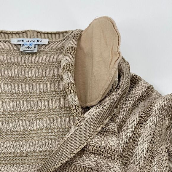 ST JOHN Plunging Neckline Knit Short Sleeve Sweater Button Front Beige Large - Picture 12 of 16